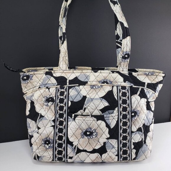 Vera Bradley Retired Shoulder Bag Camellia Cream Tan Blue Black Zipper Tote - Picture 2 of 14
